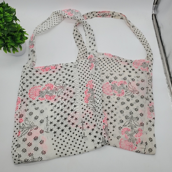 ♤ Free People Boho Crossbody Reusable Tote Bags  13"Wx15"L Cream and Pink - Picture 1 of 9